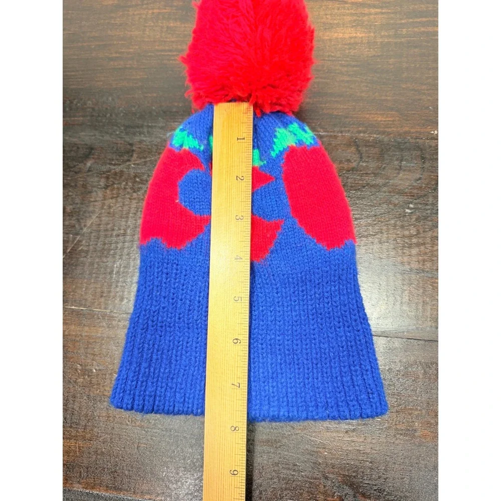 Kids Blue Knit Beanie with Red Pom Pom and‎ Apple Design winter Snow